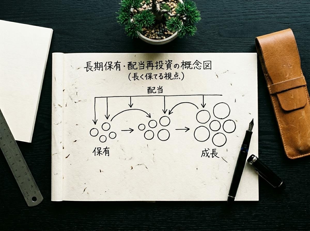 長期保有と配当再投資の概念を線で描いた落ち着いたイメージ
